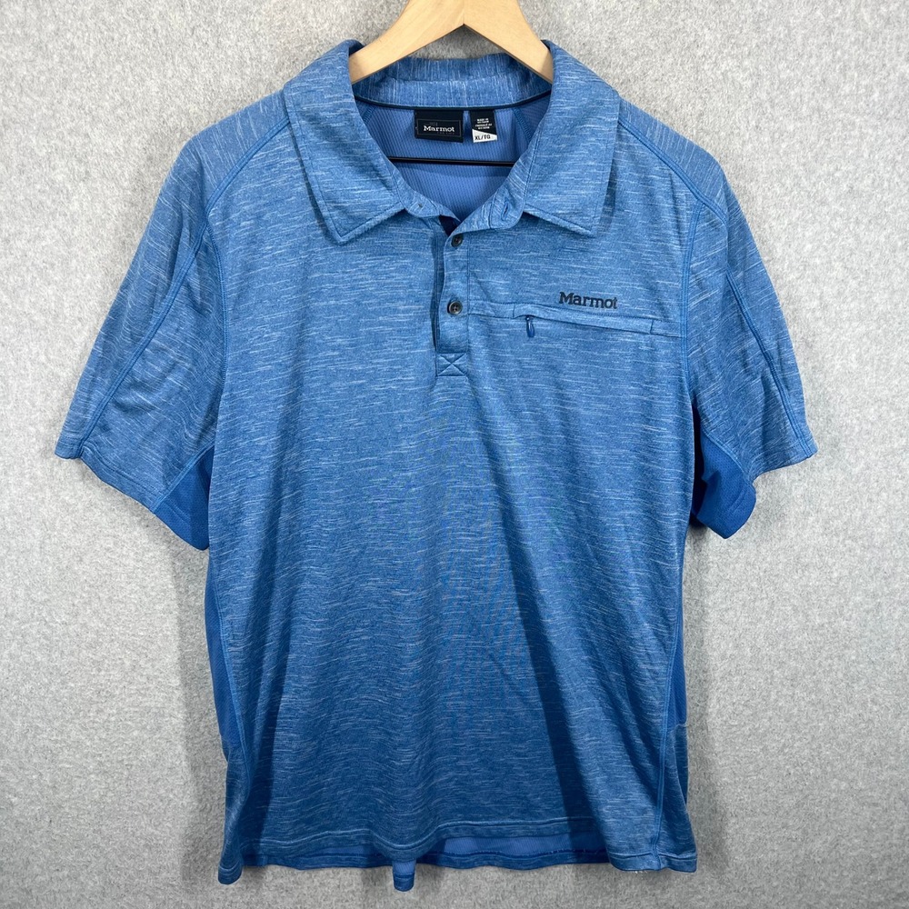 Marmot Polo Shirt Mens XL Blue Short Sleeve Zipper Pocket Outdoor Hike EUC